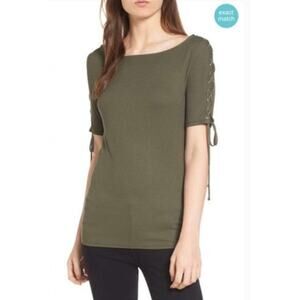 Trouve Top Womens Medium Green Lace Up Sleeve Ribbed Knit Top